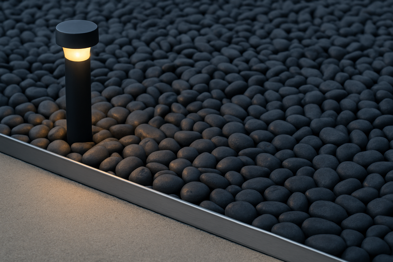 Decorative image of mexican beach pebbles with steel edging and landscape lighting